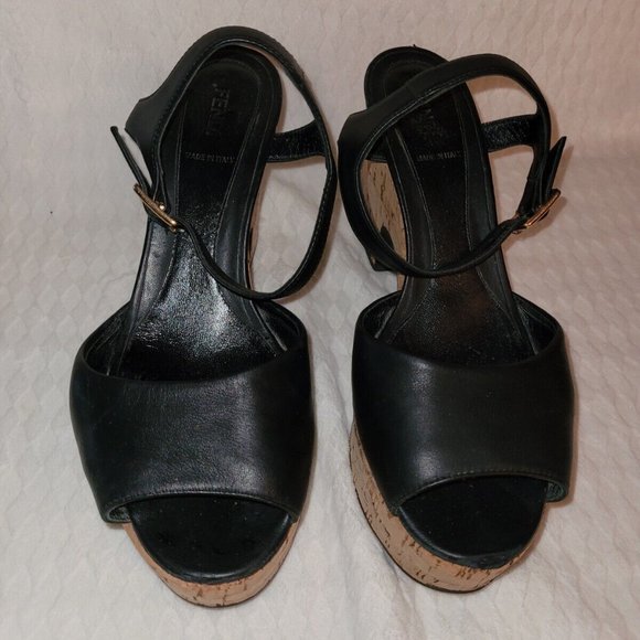 Authentic Fendi Black Leather Ankle Strap Cork Wedge Platform Heels Size 38/US 8 - Picture 4 of 16